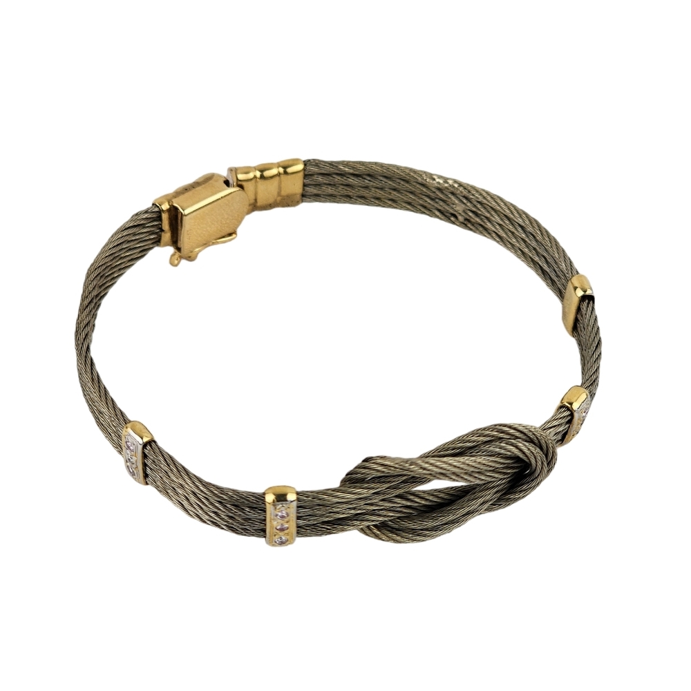 14k Yellow Gold & Diamonds Four Strands Stainless Steel Cable Bracelet 7.5"